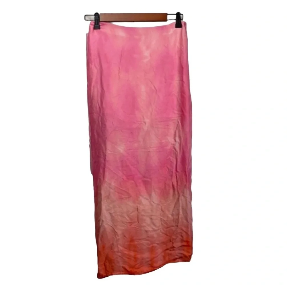 Zara Pink Semi Sheer Slit Draped Ombré Ruched Silk Satin Pencil Skirt Small